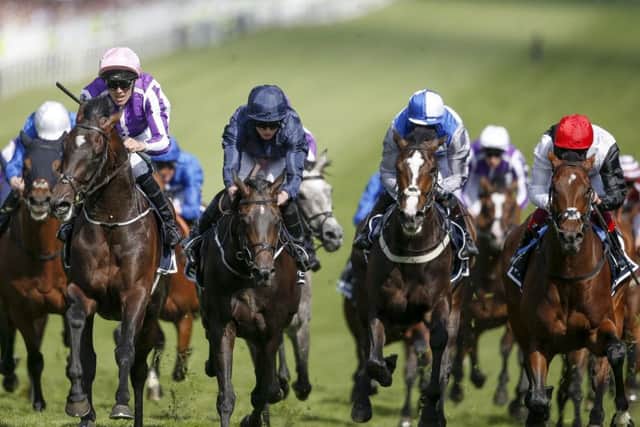 Padraig Beggy, riding Wings Of Eagles (second left, pink cap), wins The Investec Derby from Cliffs Of Moher (centre, dark blue). Picture: Alan Crowhurst/Getty Images