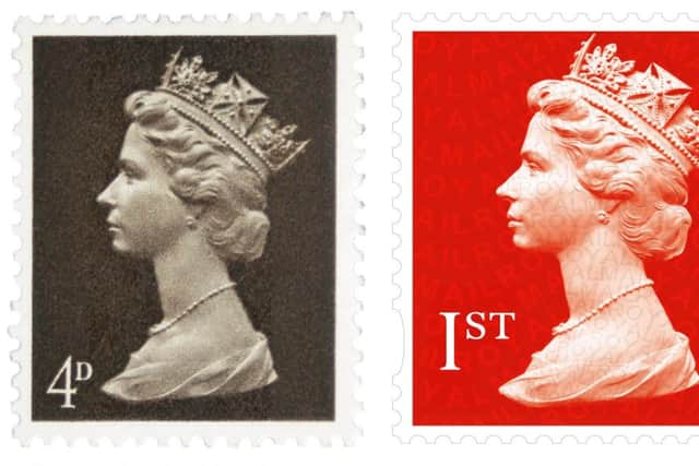A 4d stamp issued on June 5 1967 (left) and a modern day first class stamp as a new set of stamps are released to celebrate the the 50th anniversary of the Machin Definitive stamp. Picture: Royal Mail/PA Wire