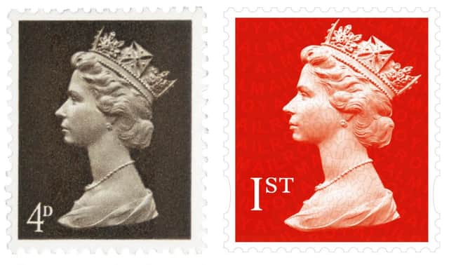 A 4d stamp issued on June 5 1967 (left) and a modern day first class stamp as a new set of stamps are released to celebrate the the 50th anniversary of the Machin Definitive stamp. Picture: Royal Mail/PA Wire