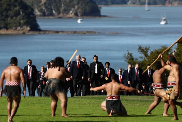 As part of a packed schedule, the British and Irish Lions yesterday received a spectacular Maori welcome at Waitangi Treaty Grounds. Picture: Getty Images