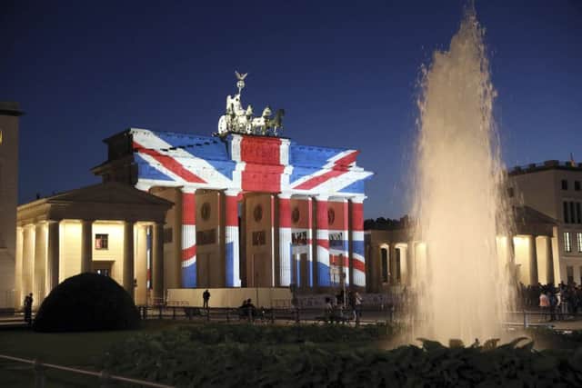 The Brandenburg Gate in Berlin after was illuminated in the colours of the union flag. Picture: AP
