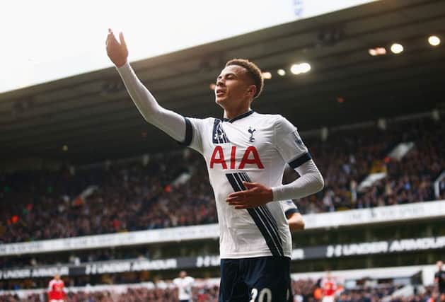Dele Alli celebrates scoring against Manchester United at White Hart Lane. Picture: Getty