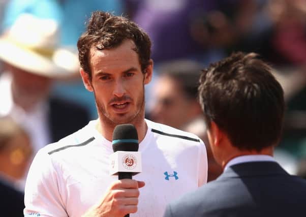 Andy Murray is interviewed following his victory in the fourth round match against Karen Khachanov of Russia. Picture: Getty