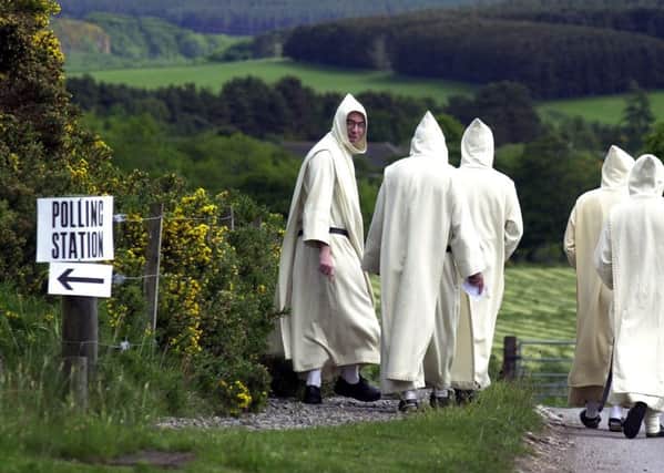 Monks from Pluscarden Abbey leave the polling station at Mosstowie School near Elgin, Moray, in June 2001. There are 4.710 polling stations in Scotland for the 2017 General Election. Picture: Ian Rutherford/TSPL
