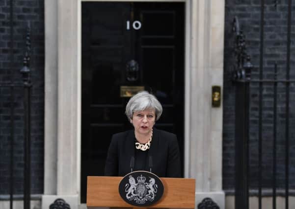 Prime Minister Theresa May delivers a statement outside 10 Downing Street the day after the London Bridge terror attack.  Picture: Justin Tallis/AFP/Getty