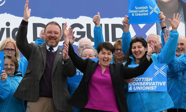 Leader of the Scottish Conservative Party, Ruth Davidson, poses with local candidate David Duguid whilst campaigning. Picture: Jeff J Mitchell/Getty Images)