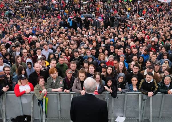 Labour Leader Jeremy Corbyn delivers a speech to crowds numbering in their thousands at a rally next to the Sage building in Gateshead. Picture: Getty