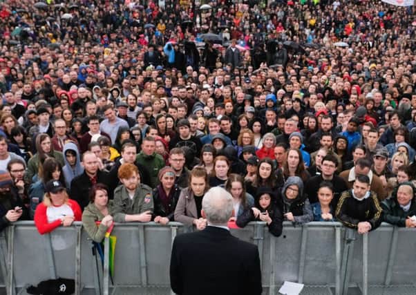 Labour Leader Jeremy Corbyn delivers a speech to crowds numbering in their thousands at a rally next to the Sage building  in Gateshead. Picture: Getty