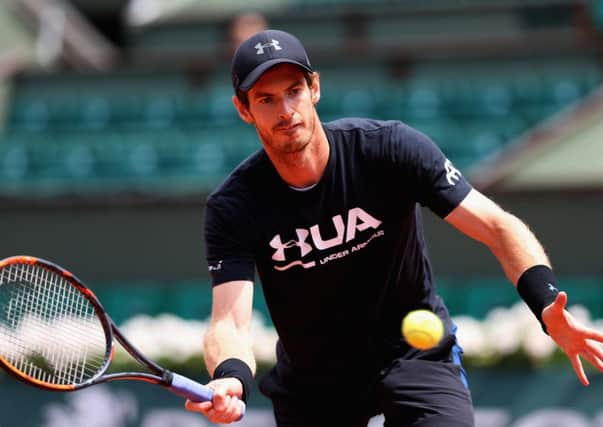 Andy Murray practises on Court Philippe Chatrie rahead of his quarter-final match against Kei Nishikori of Japan.