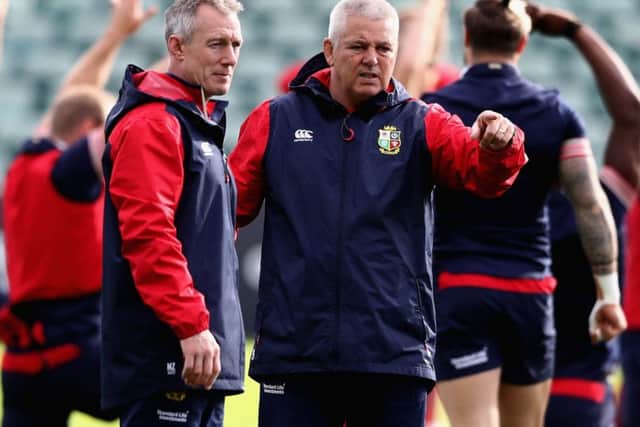 Rob Howley, left, and British & Irish Lions head coach Warren Gatland during a training session at Eden Park. Picture: David Rogers/Getty Images