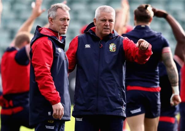 Rob Howley, left, and British & Irish Lions head coach Warren Gatland during a training session at Eden Park. Picture: David Rogers/Getty Images