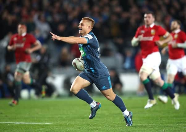 Ihaia West of the Blues celebates as he runs in to score the decisive try. Picture: Getty