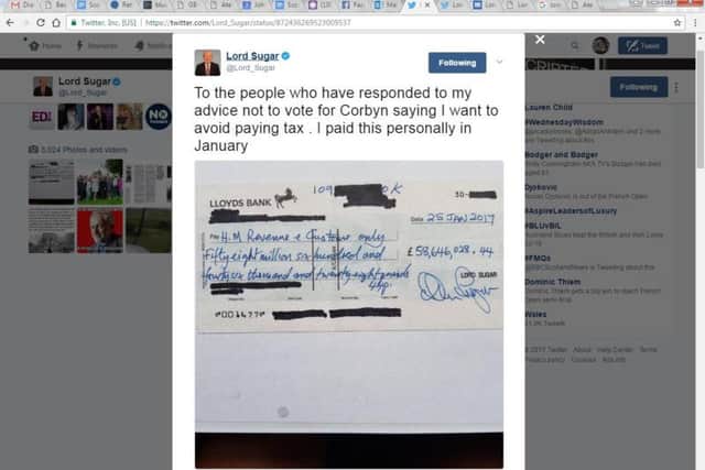 Lord Alan Sugar's tweet appeared to show a cheque for 58 million.