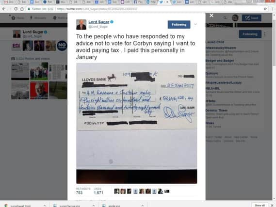 Lord Alan Sugar's tweet appeared to show a cheque for 58 million.