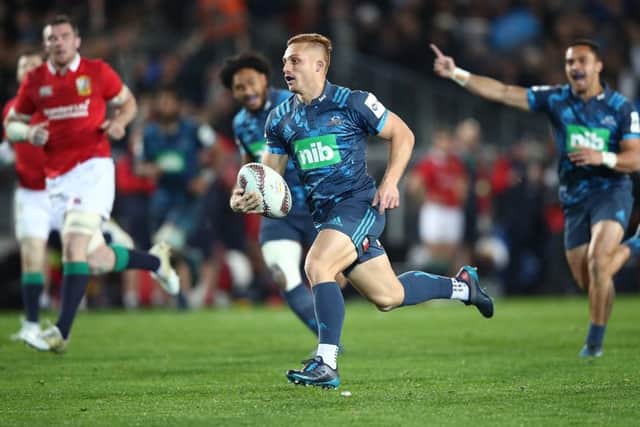 Ihaia West of the Blues runs in to score a try set up by Sonny Bill Williams against an unimaginative Lions side. Picture: Phil Walter/Getty