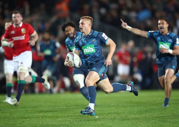 Ihaia West of the Blues runs in to score a try set up by Sonny Bill Williams against an unimaginative Lions side. Picture: Phil Walter/Getty