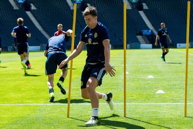 Kieran Tierney wears a gumshield at training yesterday following his Scottish Cup final injury. Picture: Ross Parker/SNS