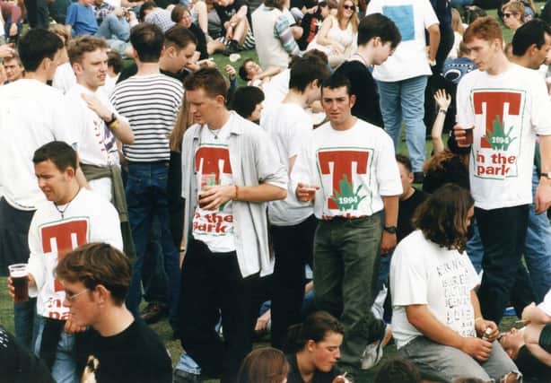 Music and beer lovers enjoy the first ever 'T in the Park' festival, at Strathclyde Country Park, Glasgow, August 1994.

Picture: The Library for Edinburgh Eye.