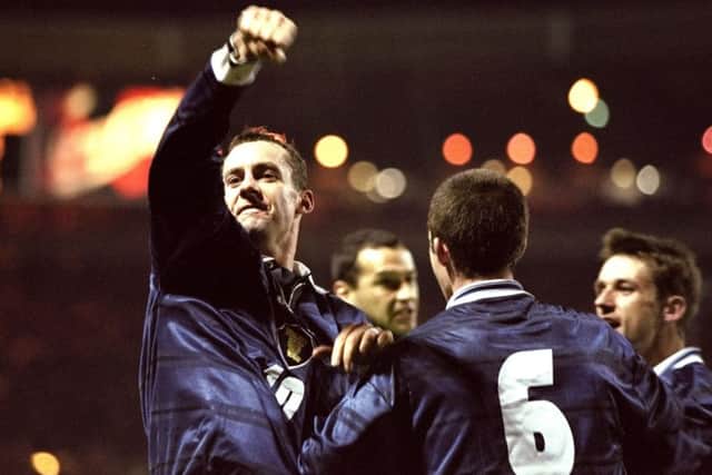 Don Hutchison celebrates the goal which gave Scotland their last win over England. Picture: Ben Radford/Allsport/Getty