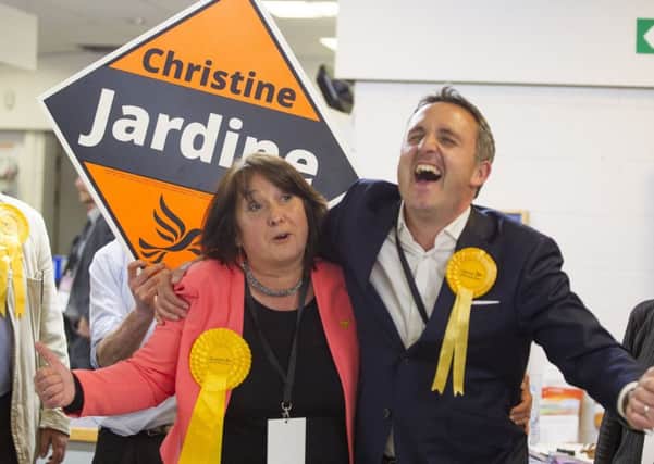 Christine Jardine and Alex Cole-Hamilton MSP at Meadowbank Stadium. Picture: SWNS