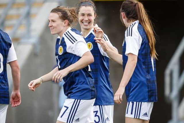 Jane Ross (centre) celebrates scoring Scotland's second goal against Romania. Picture: Roddy Scott/SNS