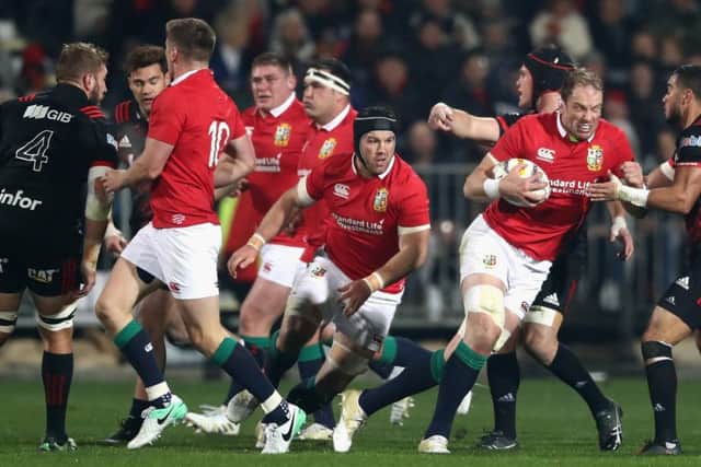 Alun Wyn Jones of the Lions charges upfield during the defeat of the Crusaders. Picture: David Rogers/Getty Images