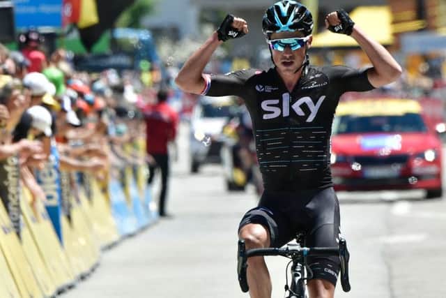 Peter Kennaugh celebrates as he crosses the finish line at the end of the seventh stage of the Criterium du Dauphine. Picture: Getty Images