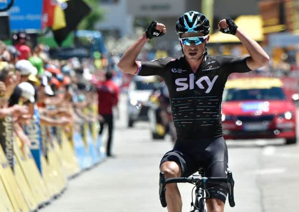 Peter Kennaugh celebrates as he crosses the finish line at the end of the seventh stage of the Criterium du Dauphine. Picture: Getty Images