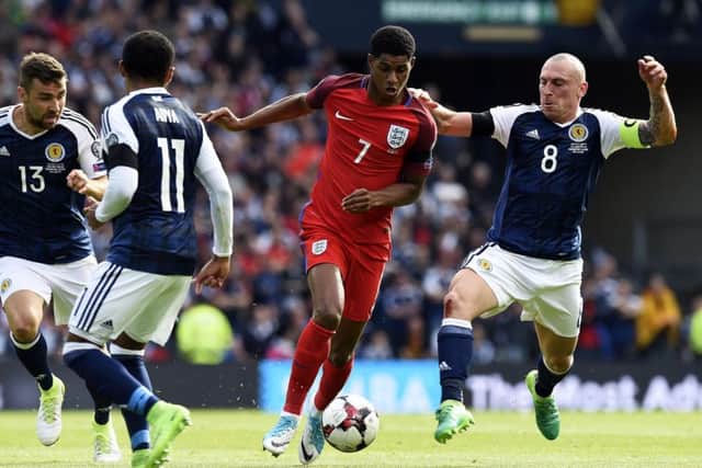 Scott Brown was battling throughout in midfield. Picture: ANDY BUCHANAN/AFP/Getty Images