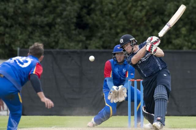 Richie Berrington reached his century off 84 balls before going on to make 110 for Scotland against Namibia at The Grange. Picture by Donald MacLeod