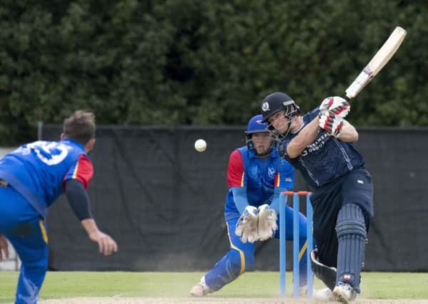 Richie Berrington reached his century off 84 balls before going on to make 110 for Scotland against Namibia at The Grange. Picture by Donald MacLeod