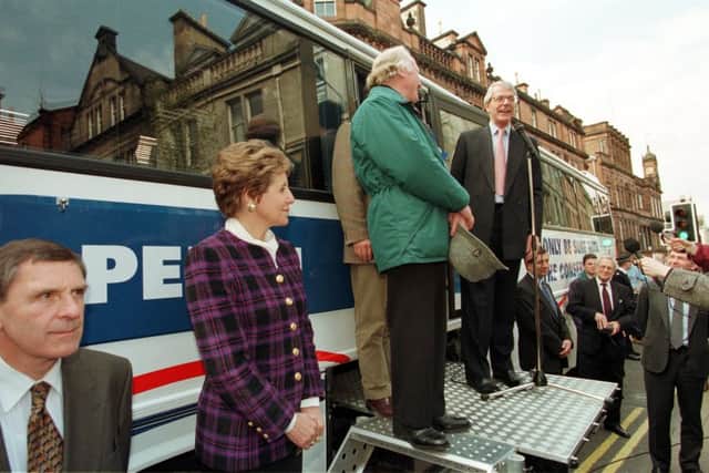 John Major campaigns in Perth ahead of the 1997 General Election accompanied by wife Norma and local MP Bill Walker. Picture: TSPL
