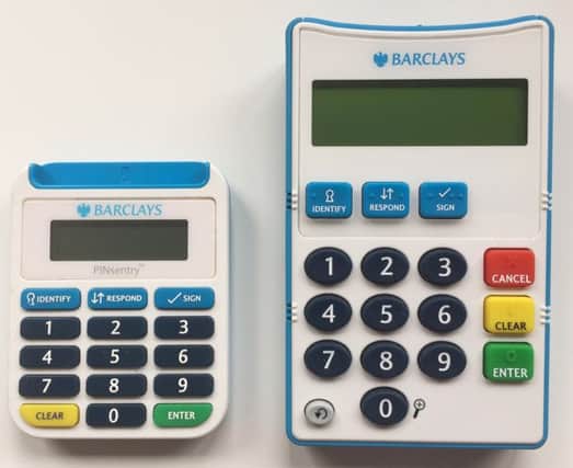 Barclays new talking card reader, right,  aims to help people with sight and dexterity issues. Picture: PA
