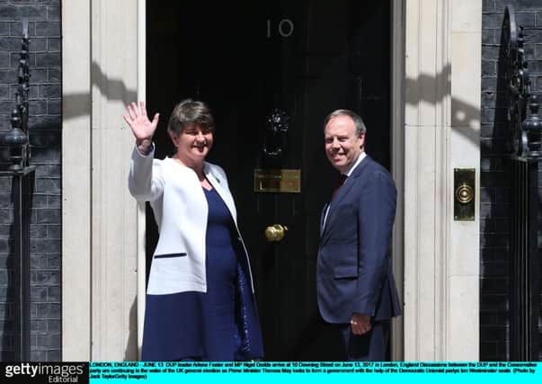 DUP leader Arlene Foster and MP Nigel Dodds arrive at 10 Downing Street. Picture: Jack Taylor/Getty Images