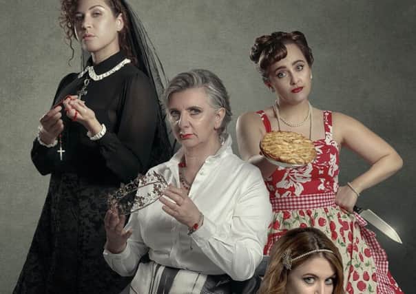Janette Foggo as Queen Lear, centre, with Nicole Cooper as Isabella in Measure for Measure, top left; Stephanie McGregor as Kate in The Taming of the Shrew, top right and EmmaClaire Brightlyn as Apemantus in Timon of Athens, bottom right