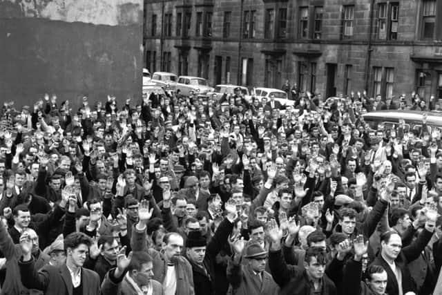 Industrial dispute at car factory (Rootes). Workers at the pressed steel factory at Linwood vote to end their work to rule and overtime ban. Picture: TSPL
