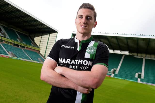 Paul Hanlon models Hibernian's new away kit for next season. Picture: Alan Harvey/SNS