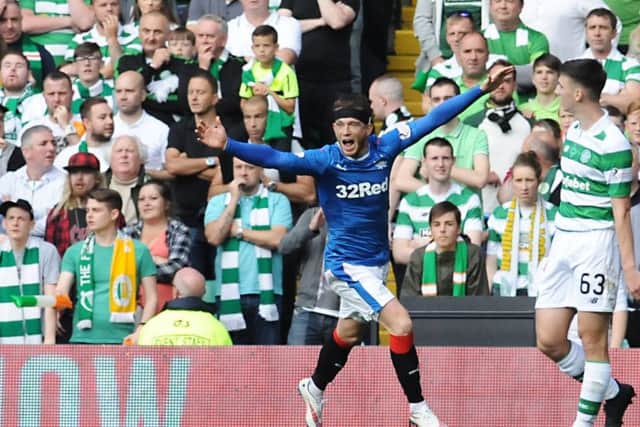 Joe Garner celebrates scoring for Rangers against Celtic in September. Picture: John Devlin