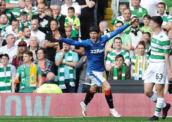 Joe Garner celebrates scoring for Rangers against Celtic in September. Picture: John Devlin