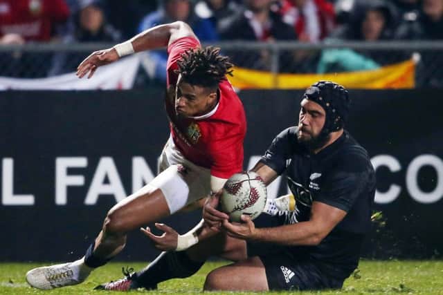 Anthony Watson and Charlie Ngatai of the Maori All Blacks compete for the ball. Picture: AFP/GETTY.