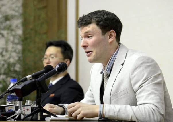 US student Otto Warmbier cries while speaking to reporters in Pyongyang, North Korea in February 2016 (Korean Central News Agency/Korea News Service via AP)