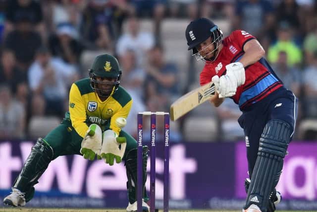 England's Jonny Bairstow plays a shot as South Africa's Mangaliso Mosehle keeps wicket during the T20 international at The Ageas Bowl in Southampton. Picture: Glyn Kirk/AFP/Getty