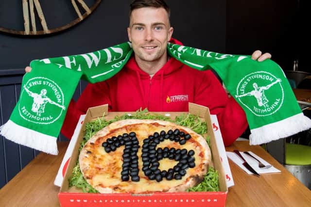 Hibs defender Lewis Stevenson promotes his testimonial match against Sunderland at match sponsor Vittoria's restaurant La Flavorita. Picture: SNS