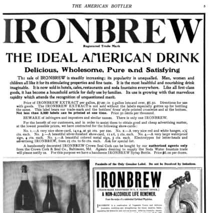 IRONBREW bottle label from the New York-made fizzy drink, circa 1900. PIC: SWNS.