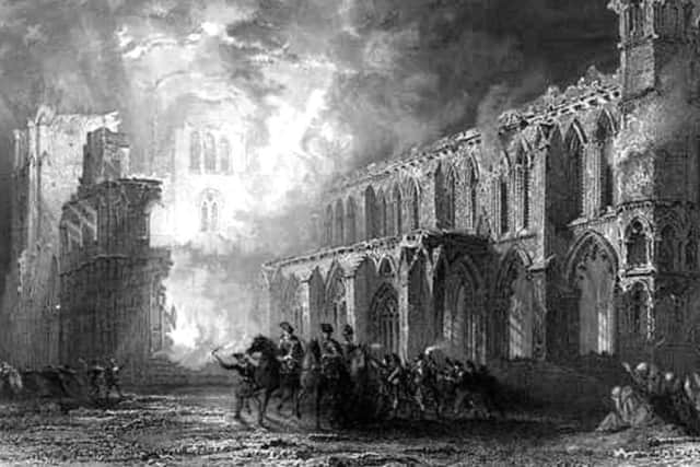 Depiction of the blaze at Elgin Cathedral which was lit by Alexander Stewart, the Earl of Buchan - otherwise known as the Wolf of Badenoch. PIC: Wikicommons.