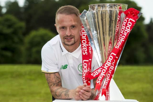 Celtic's Leigh Griffiths launches the Ladbrokes Premiership fixtures for the upcoming season. Picture: SNS