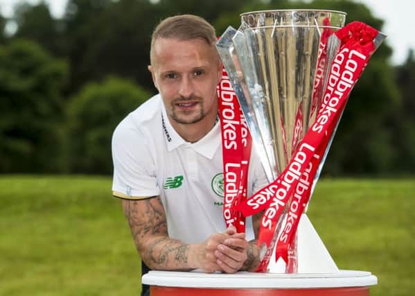 Celtic's Leigh Griffiths launches the Ladbrokes Premiership fixtures for the upcoming season. Picture: SNS