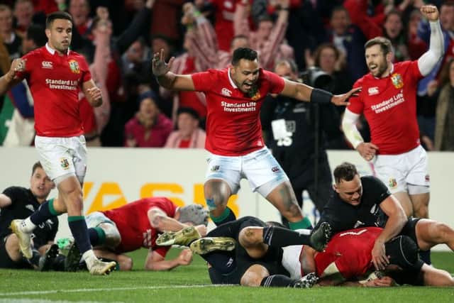 British and Irish Lions Sean O'Brien (R) dives over to score one of the greatest tries in Lions history. Picture: MICHAEL BRADLEY/AFP/Getty Images