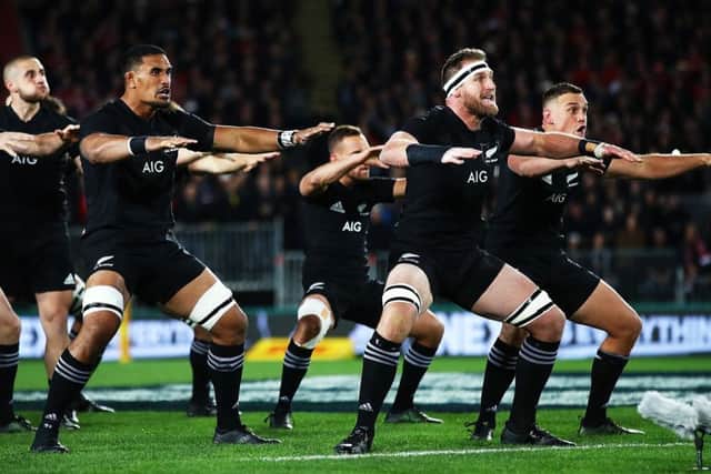 Jerome Kaino, Kieran Read and Israel Dagg of the All Blacks perform the Haka ahead of the Test match against the British & Irish Lions at Eden Park. Picture: Hannah Peters/Getty Images