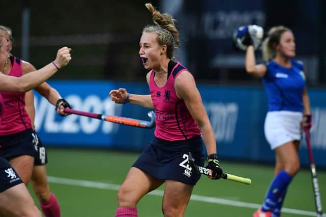 Katie Holmes celebrates pulling a goal back for Scotland during the 2-1 defeat by Italy at the Women's Hockey World League tie in Brussels. Picture: Charles McQuillan/Getty Images for FIH